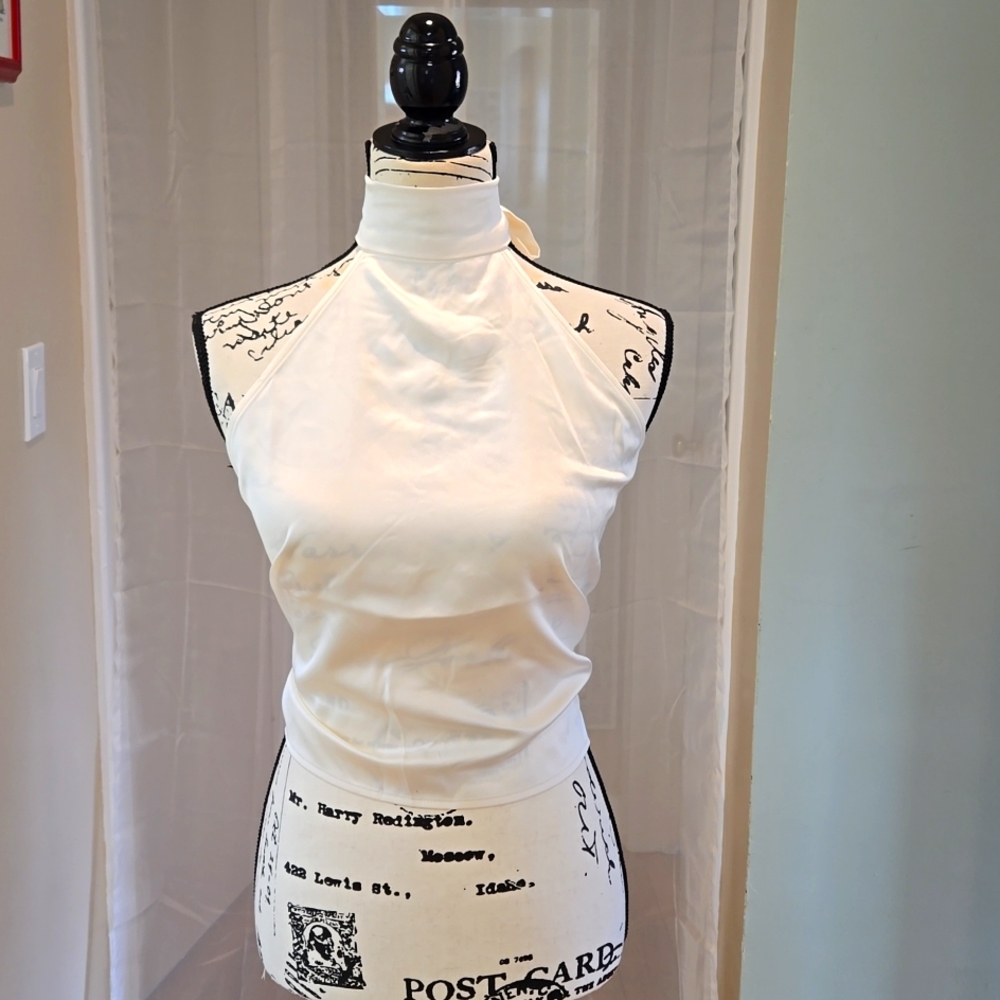 SINCERELY JULES ▪︎ Women's Ivory Satin High Neck Halter Top, Size Large, NWT